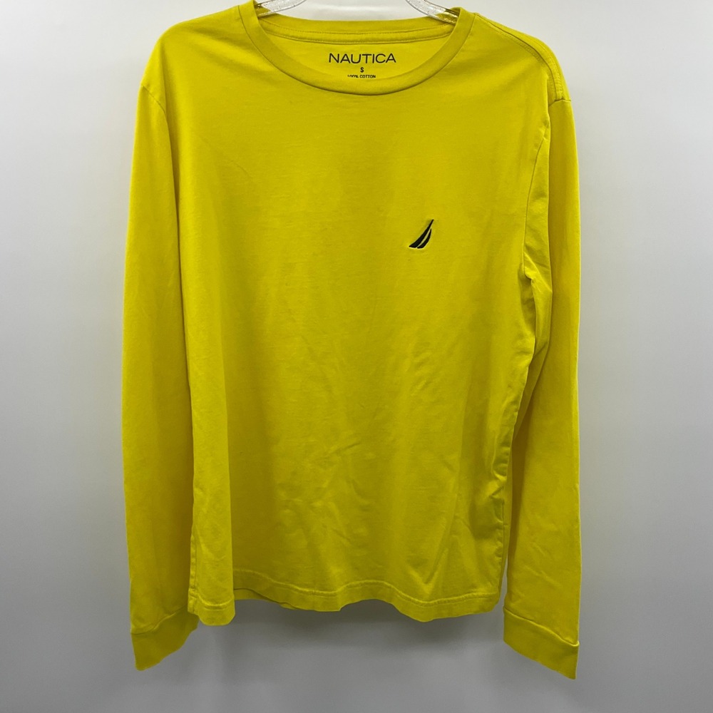 Nautica Men's Small S Long Sleeve T-Shirt Neon Yellow Crew Neck Cotton Sporty